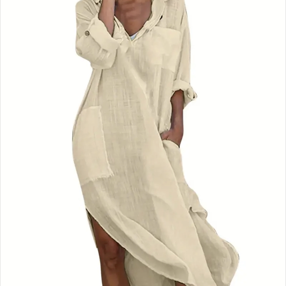 Casual Beige Maxi Dress with Pockets